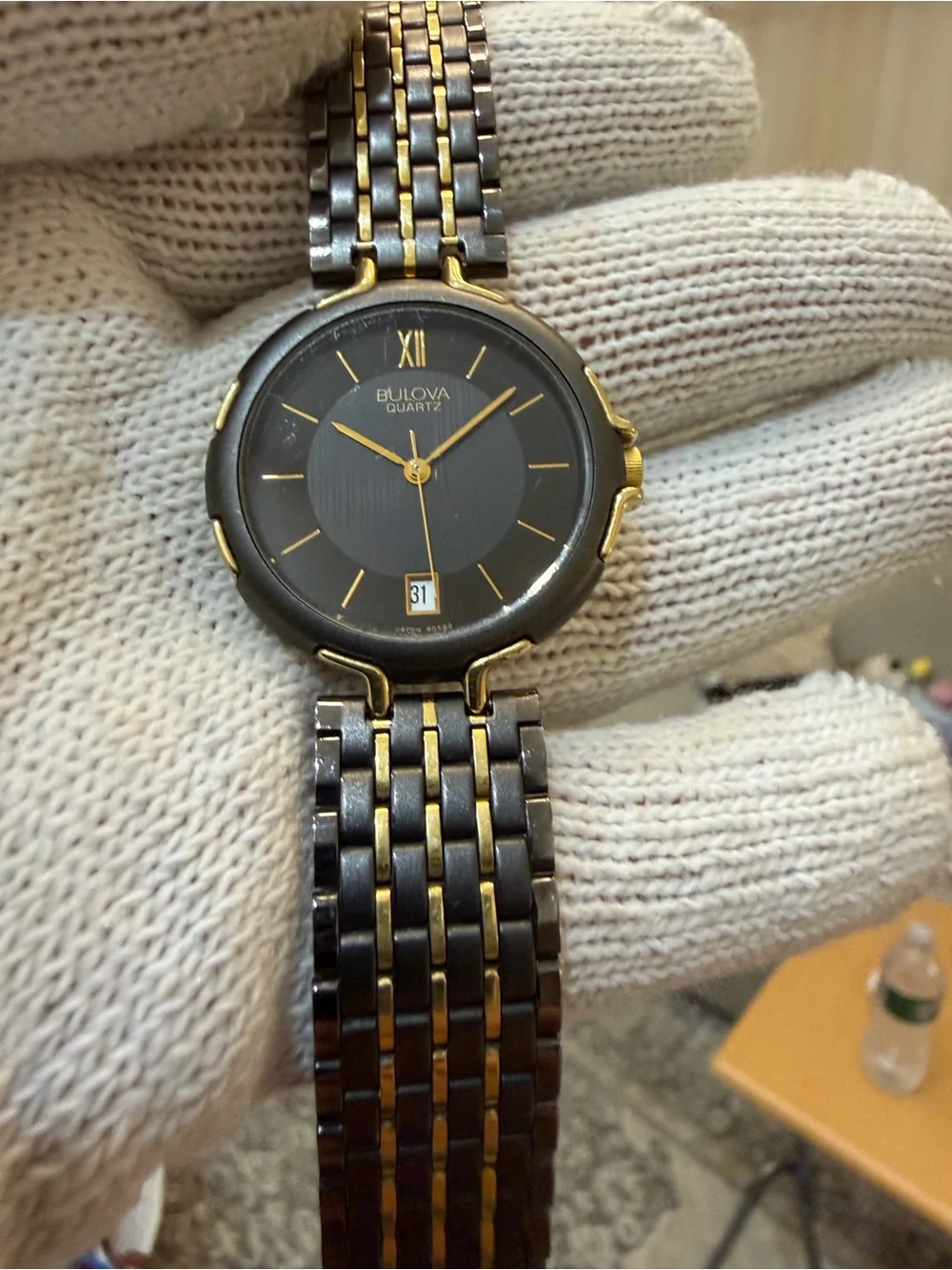Vintage Bulova Women's Two-Tone Dress Watch Black Geometric Dial Date 60-10 32mm